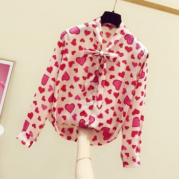 Heart Print Bow Tie Shirt Women's 2020 Spring New Korean Version Casual Temperament Long-Sleeve Women's Blouses Tops Blusas